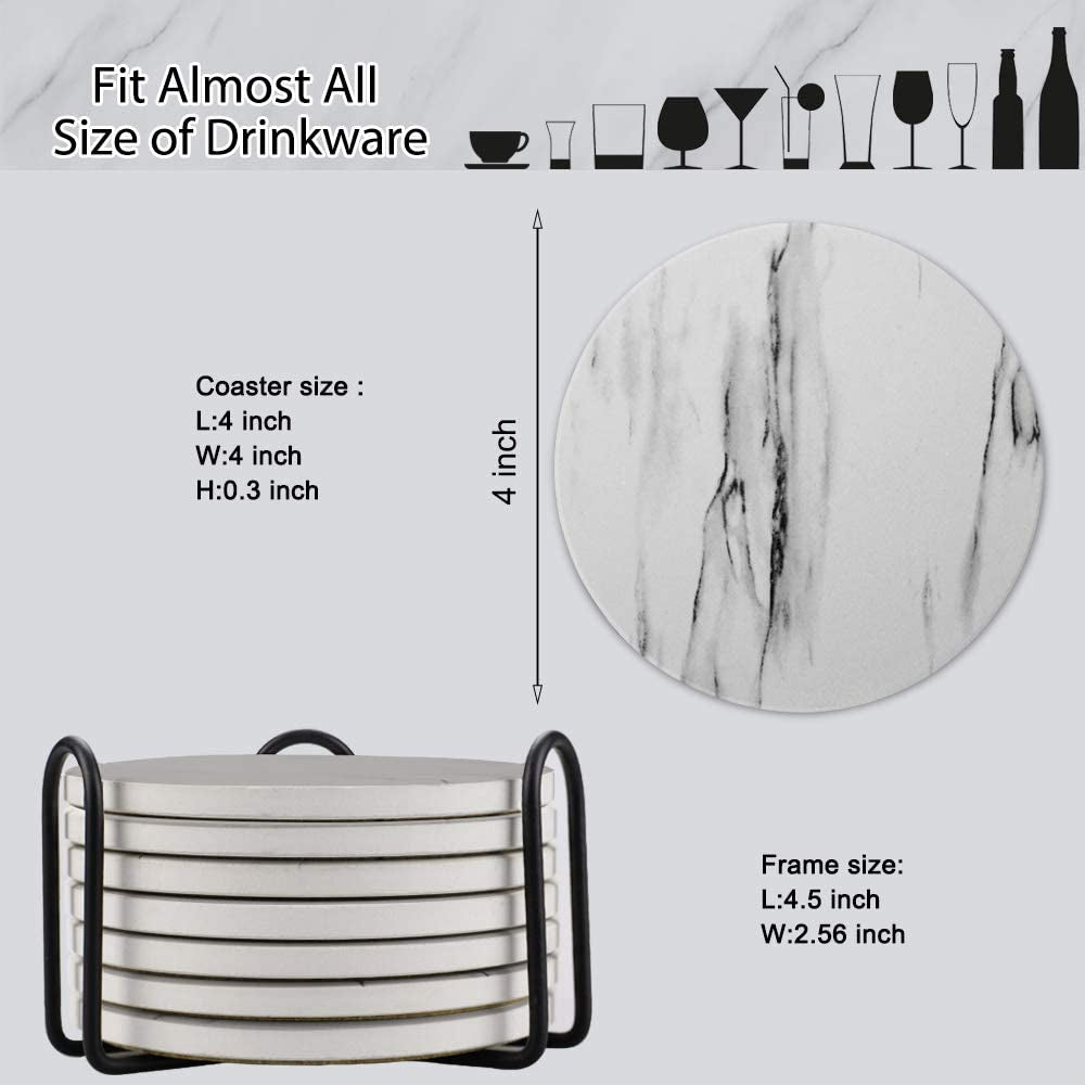 Marble Style Ceramic Drink Coasters with Holder – Absorbent Table Protection Set of 8