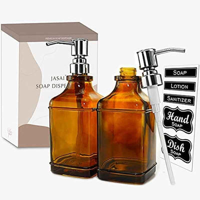 2Pack Paris Style Amber Soap Dispenser with Rust Proof Stainless Steel Pump, Refillable Kitchen Soap Dispenser with 6Pcs Stickers, Premium Hand Soap Dispenser for Kitchen Bathroom (Amber) - GG store