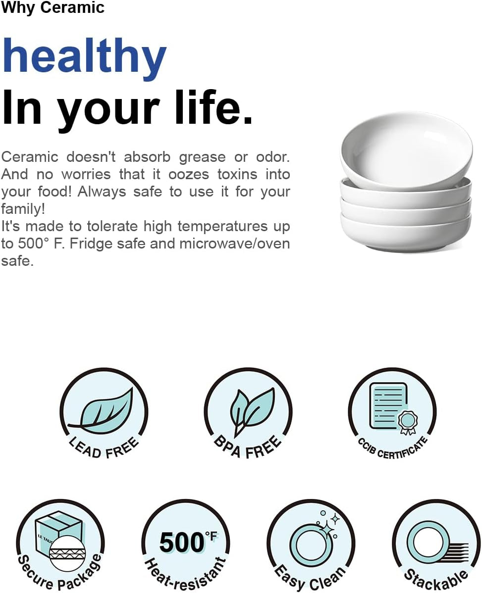 Large 45 Oz White Pasta and Salad Bowls - Set of 4 Microwave Safe 8.5 Inch Serving Bowls for Soup, Noodles, and Dinner