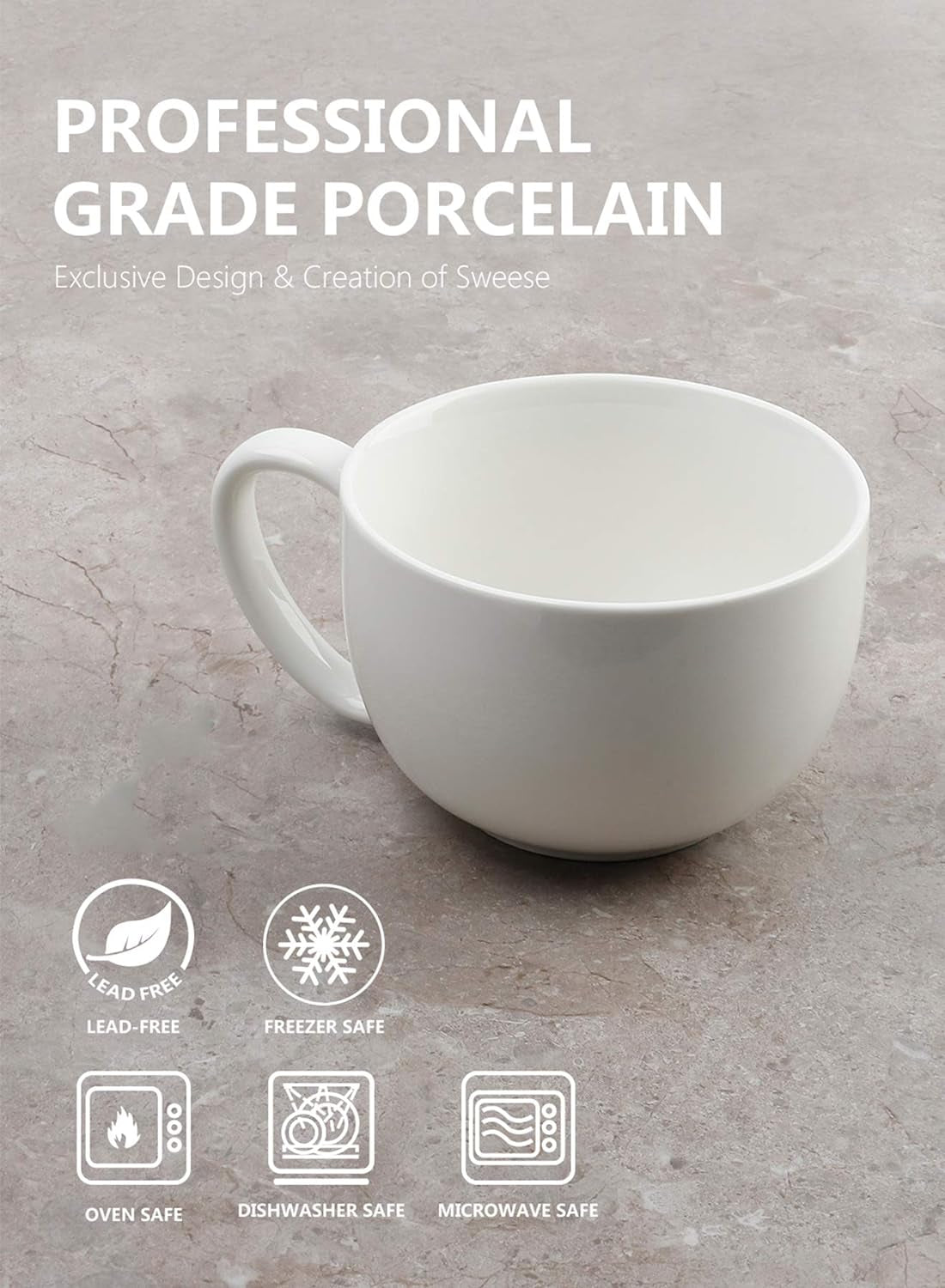 Set of 4 Large Porcelain 22Oz Coffee Mugs - Perfect for Soup, Tea, Hot Chocolate - Microwave Safe & Stylish White Design
