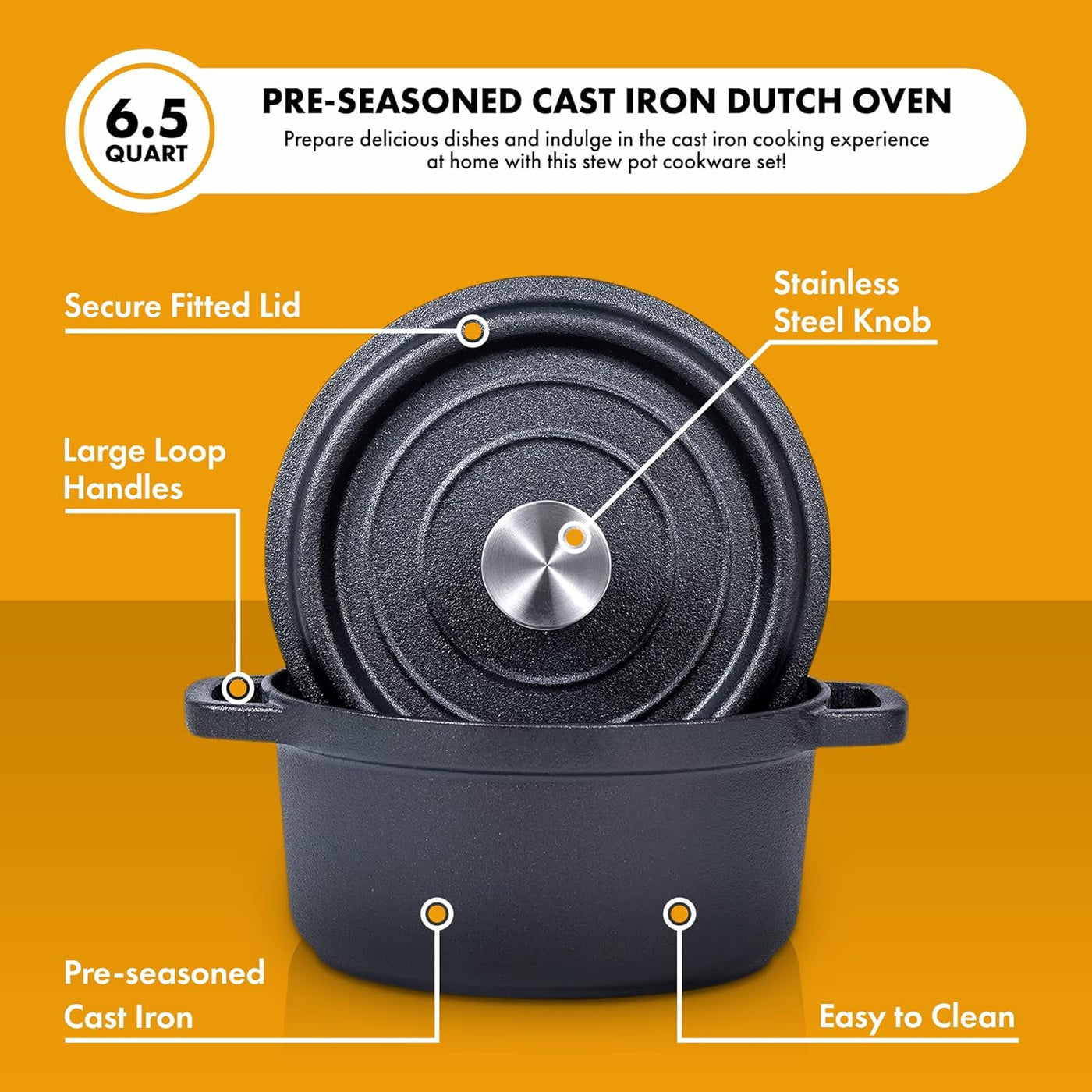 5.2 Quart Pre-Seasoned Cast Iron Dutch Oven with Lid - Versatile Skillet for Casseroles & Braising - Induction Compatible