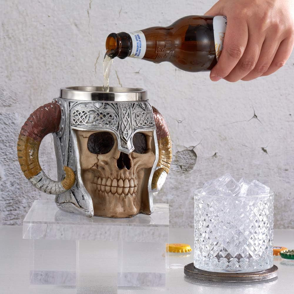 Stainless Steel Viking Skull Mug & Coaster Set - Double Handle Horn Tankard for Beer, Coffee & Beverages - 17oz Medieval Drinkware