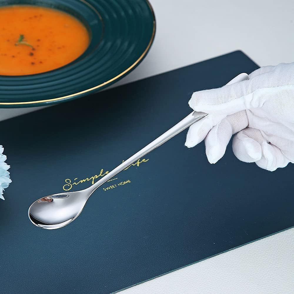 Premium Long Handle Stainless Steel Coffee and Cocktail Stirrer Set - 6 Elegant Spoons for Ice Tea, Cream, and More (Silver)