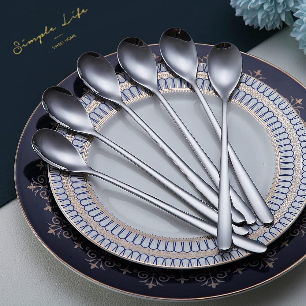 Premium Long Handle Stainless Steel Coffee and Cocktail Stirrer Set - 6 Elegant Spoons for Ice Tea, Cream, and More (Silver)