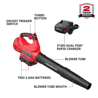 Powerful 40V Cordless Leaf Blower - 450 CFM, 130 MPH, Includes 2 x 2.0Ah Batteries & Chargers!