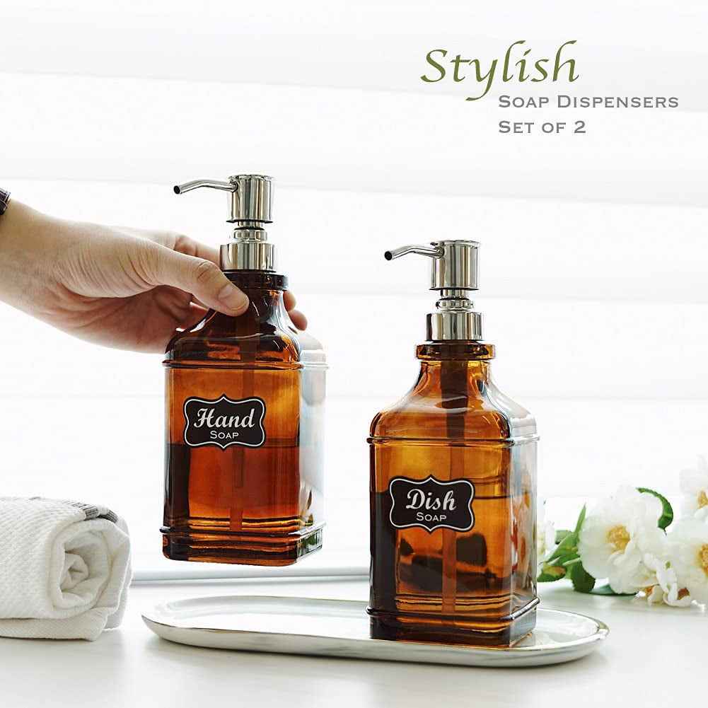 2Pack Paris Style Amber Soap Dispenser with Rust Proof Stainless Steel Pump, Refillable Kitchen Soap Dispenser with 6Pcs Stickers, Premium Hand Soap Dispenser for Kitchen Bathroom (Amber) - GG store