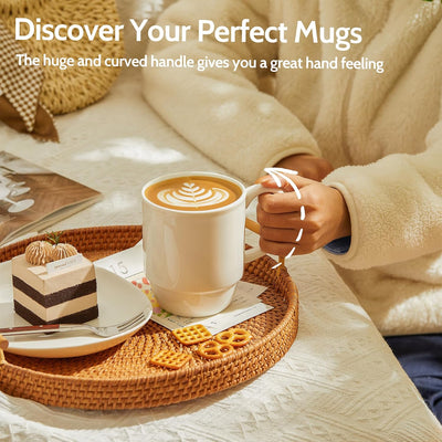 Extra Large 21 Oz Stackable Porcelain Mug Set - 6 Elegant White Coffee, Tea & Mulled Drink Cups with Handles