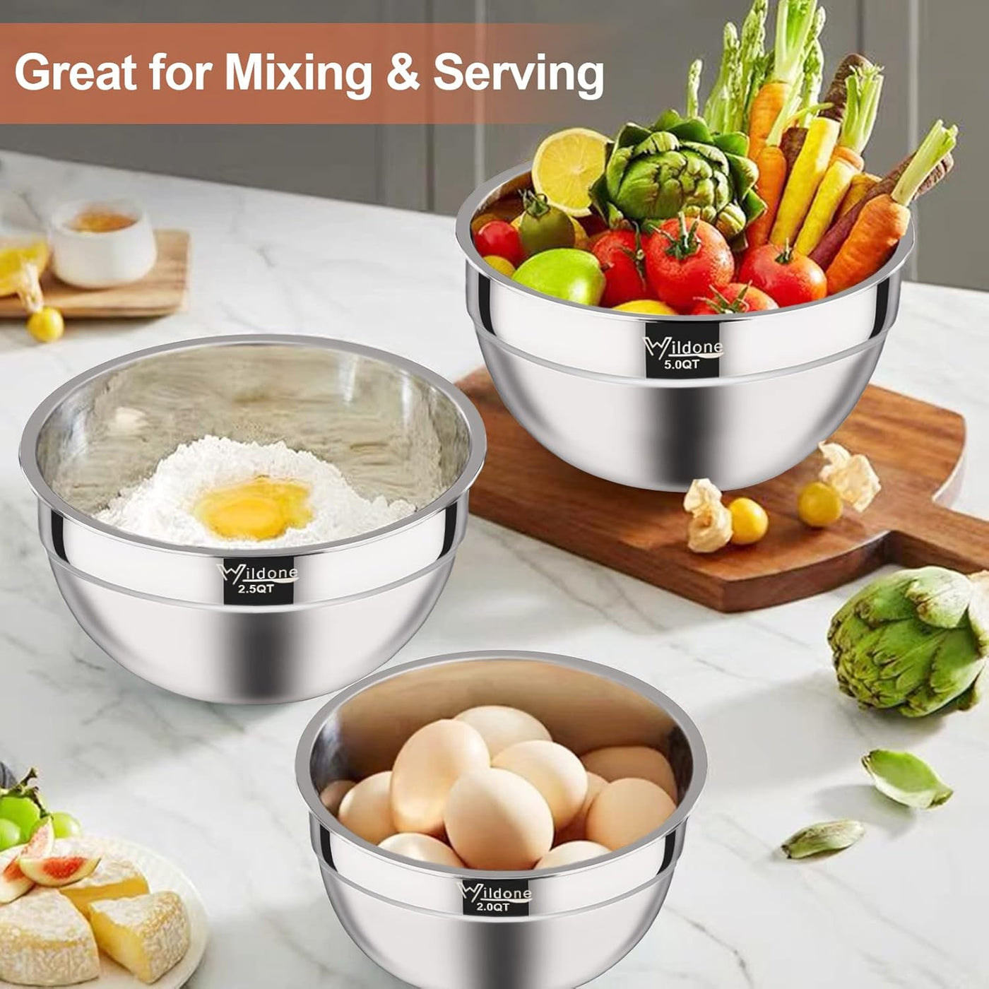 19-Piece Stainless Steel Mixing Bowls Set with Airtight Colorful Lids - Extra Deep, BPA Free, Ideal for Mixing & Serving