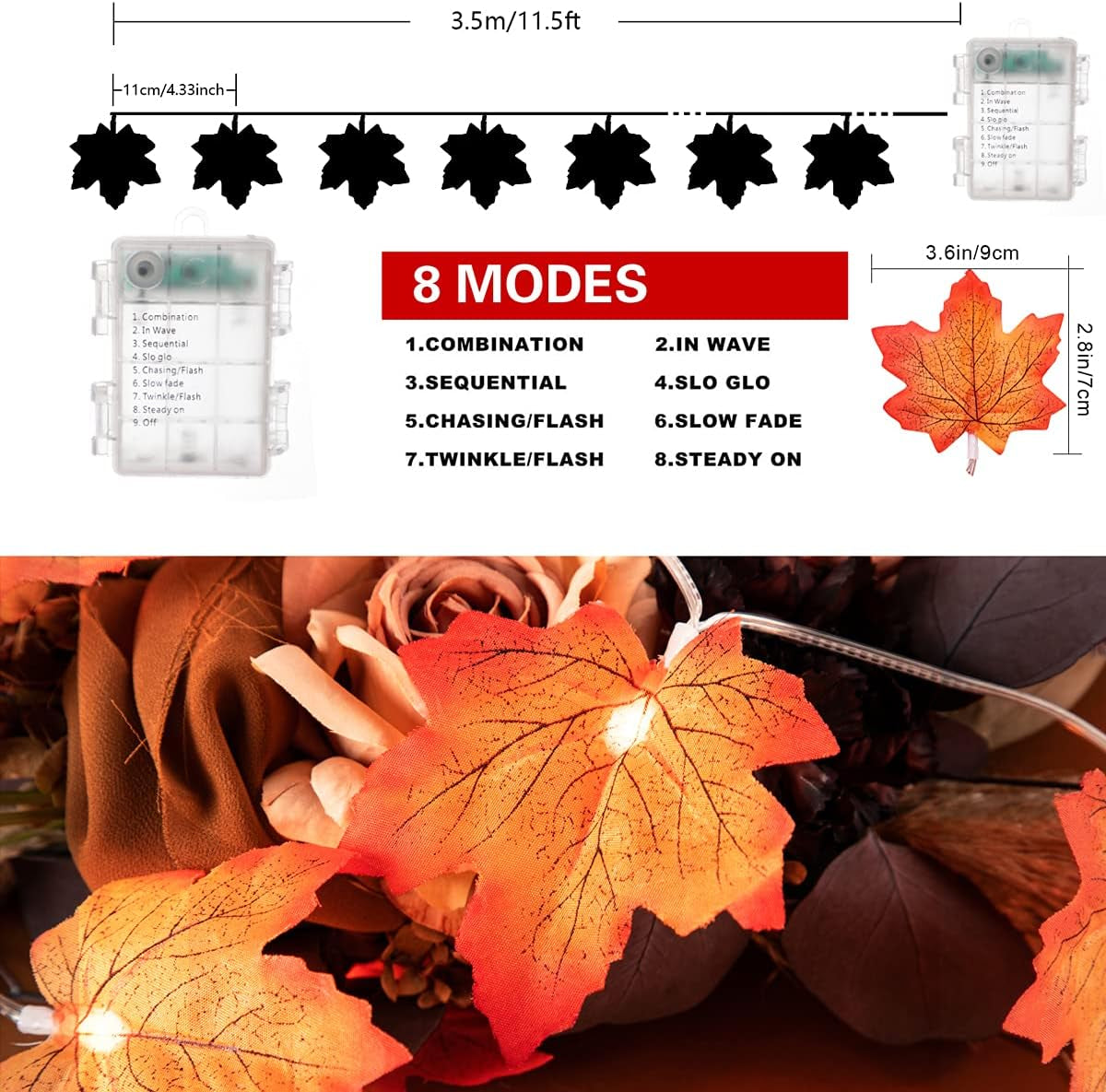 Illuminate Your Thanksgiving with 2-Pack 14.7 Ft Maple Leaf String Lights - 80 Fall Garland Lights with 8 Modes, Waterproof & Battery Operated for Stunning Autumn Decor