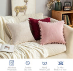 Boho Corduroy Throw Pillow Covers with Pom Poms – Soft Decorative Cushion Covers 18x18 Set of 2