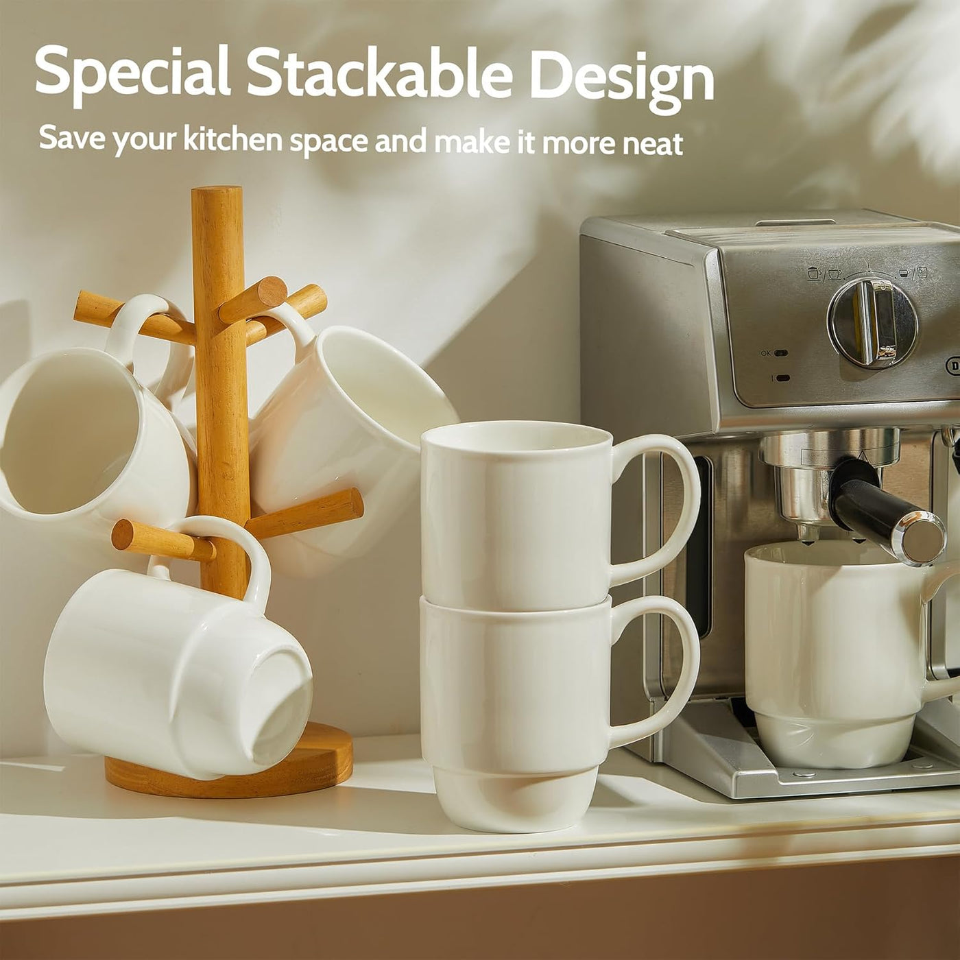 Extra Large 21 Oz Stackable Porcelain Mug Set - 6 Elegant White Coffee, Tea & Mulled Drink Cups with Handles