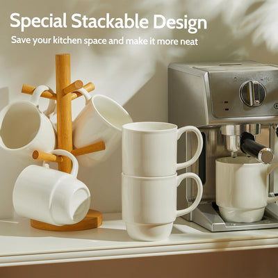 Extra Large 21 Oz Stackable Porcelain Mug Set - 6 Elegant White Coffee, Tea & Mulled Drink Cups with Handles