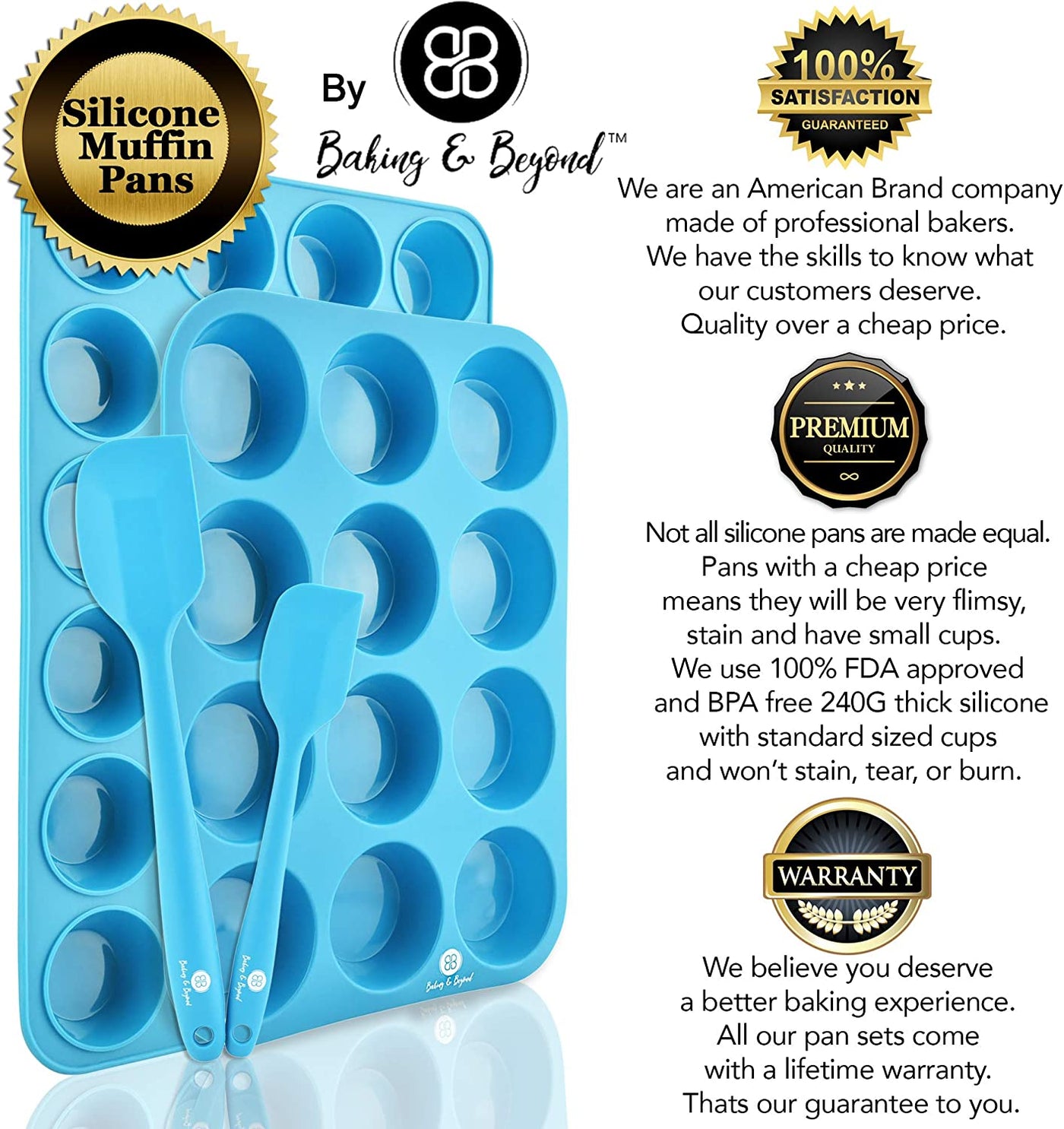 Ultimate Silicone Muffin Pan Set - Non-Stick 12 Cup and 24 Mini Cupcake Molds with 2 Spatulas and Recipe E-Book Included!