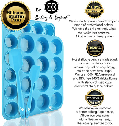 Ultimate Silicone Muffin Pan Set - Non-Stick 12 Cup and 24 Mini Cupcake Molds with 2 Spatulas and Recipe E-Book Included!