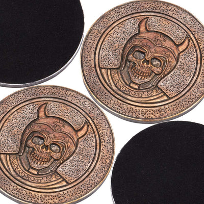 Stainless Steel Viking Skull Mug & Coaster Set - Double Handle Horn Tankard for Beer, Coffee & Beverages - 17oz Medieval Drinkware