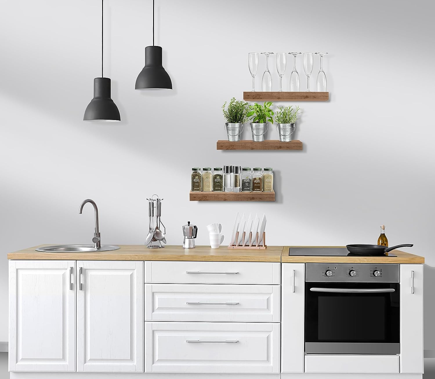 Floating Wall Shelves Set – Rustic Decorative Storage Shelves for Kitchen, Bedroom & Bathroom