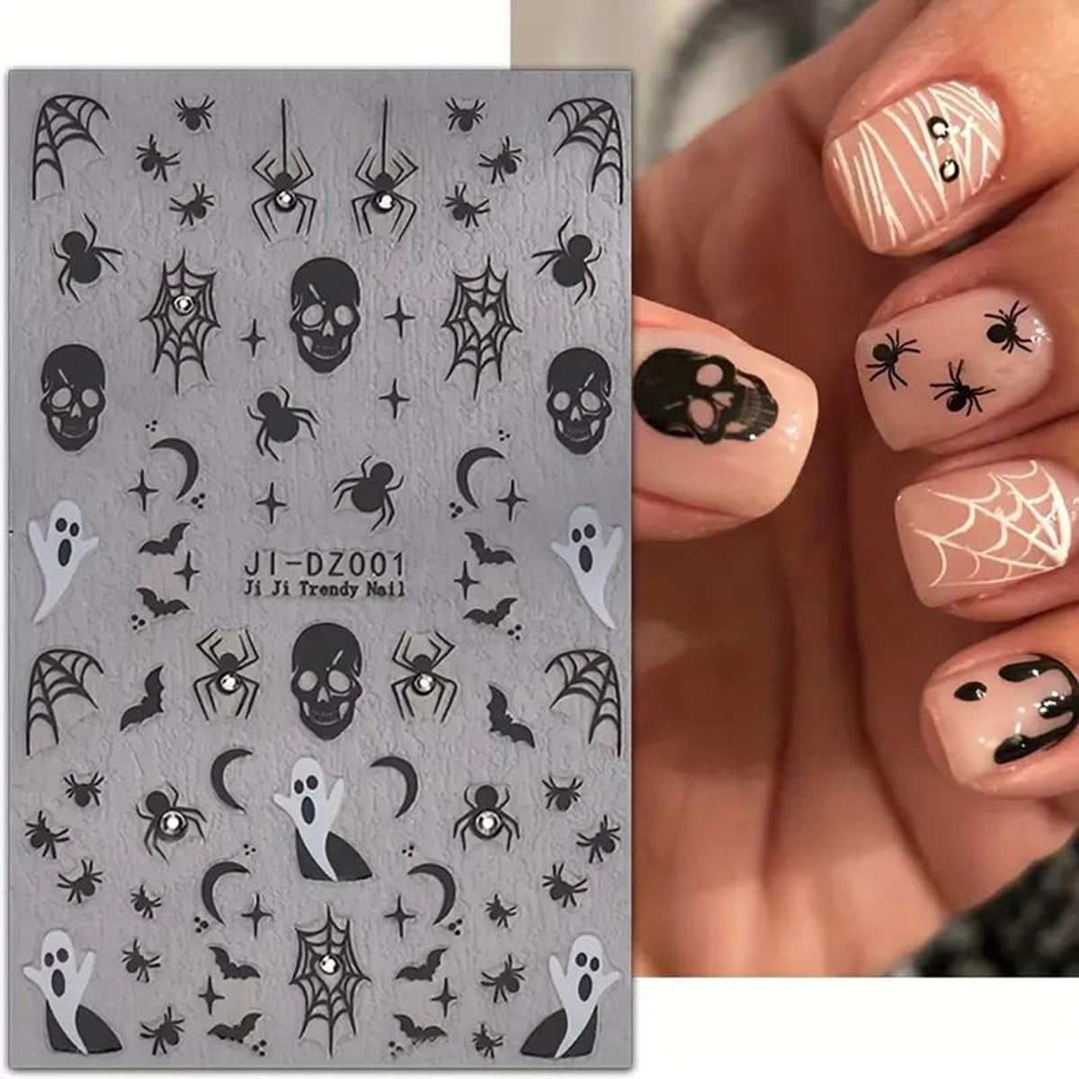 Spook-tacular 3D Halloween Nail Art Stickers - Set of 3 with Rhinestones: Spider Web, Skull & Ghost Designs for Glamorous Manicure Decor!