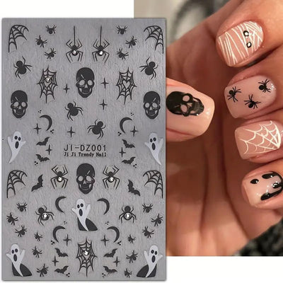 Spook-tacular 3D Halloween Nail Art Stickers - Set of 3 with Rhinestones: Spider Web, Skull & Ghost Designs for Glamorous Manicure Decor!