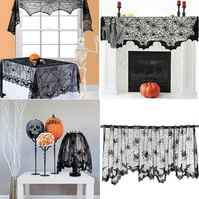 Aritiflr 3 Pack Halloween Decorations, Black Lace Party Decor, Spider Web Fireplace Mantel Scarf Cover, Spider Web Table Topper Tablecloth, Halloween Lamp Shade