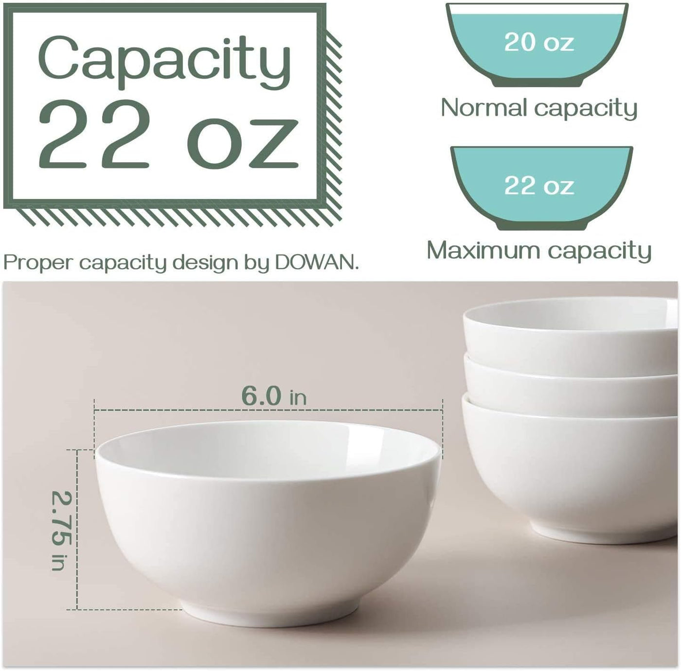 Elegant 22 Ounce Porcelain Serving Bowls - Microwave & Dishwasher Safe, Perfect for Soup, Salad, Rice, Pasta & Oatmeal, Set of Classic White Centerpiece Bowls