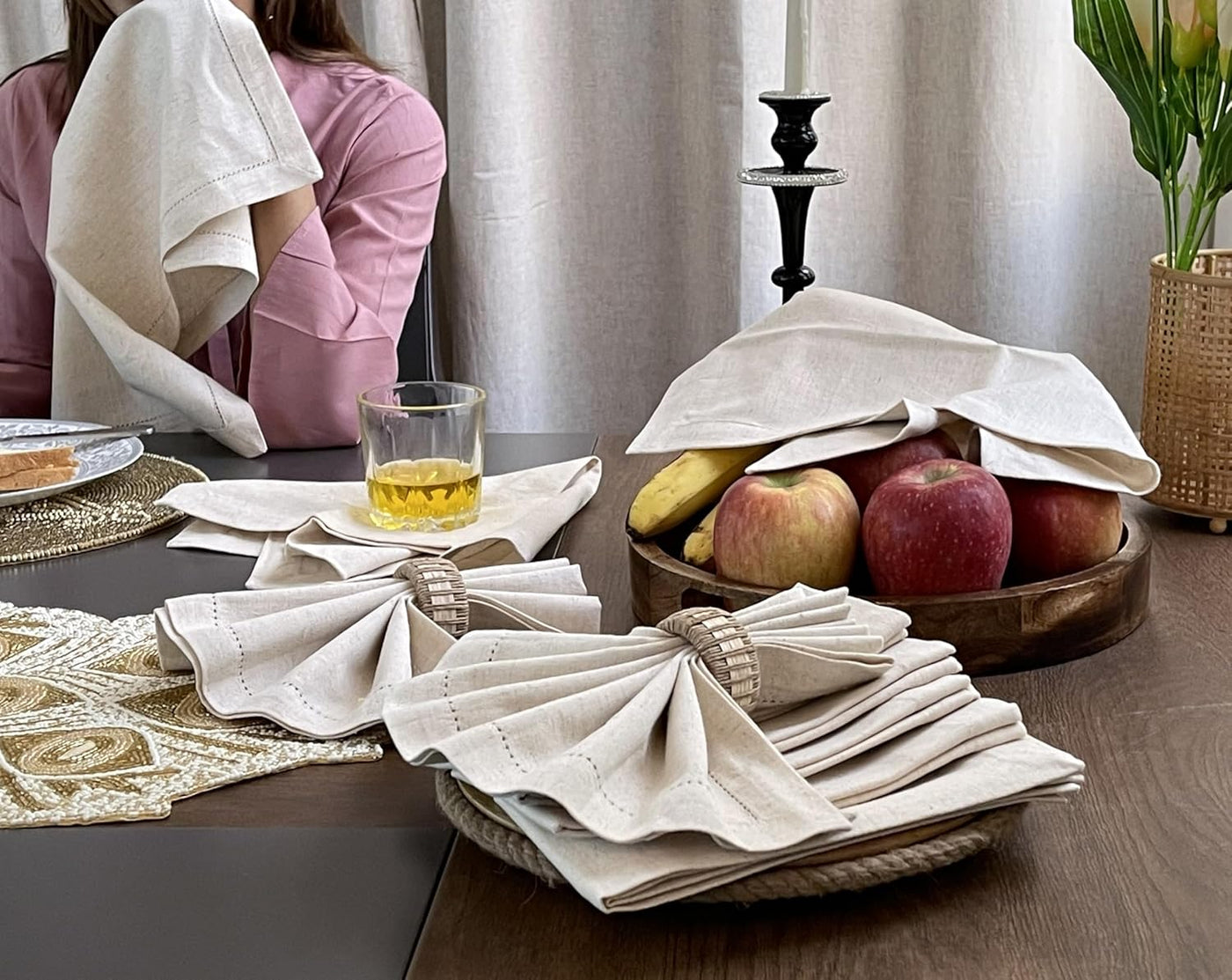 Luxurious Linen Flax Cotton Dinner Napkins Set of 12 – 18x18 Natural Fabric with Elegant Hemstitched Mitered Corners – Perfect for Weddings, Cocktails & Parties – Machine Washable