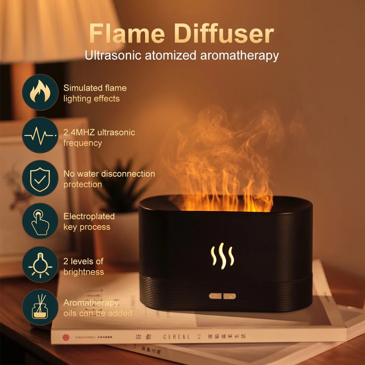 Ultrasonic Humidifier with 7 Colors Flame Lights, Essential Oil Diffuser, White - GG store