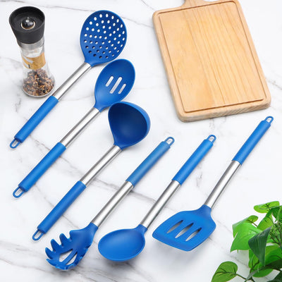 Upgrade Your Cooking Game with Our 6-Piece Blue Silicone Utensils Set – Perfect for Nonstick Cookware!