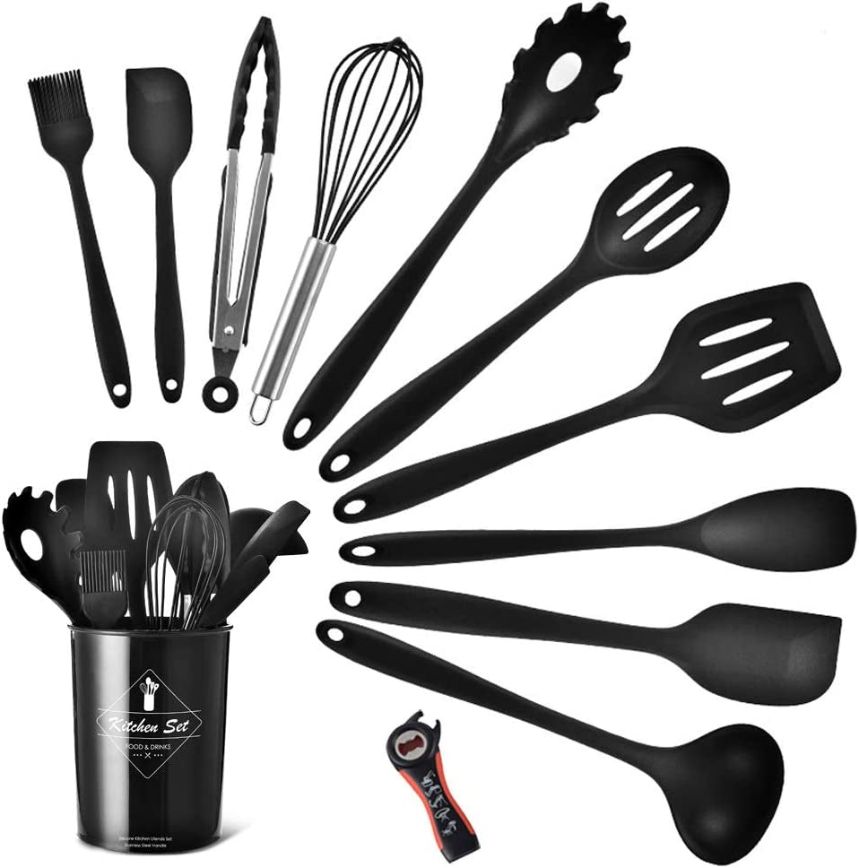 Premium Heat-Resistant Silicone Kitchen Utensil Set with Stylish Black Holder - Non-Stick Cooking Tools