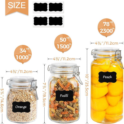 Airtight Glass Canister Set of 3 - 34Oz Food Storage Jars with Lids for Kitchen Canning, Cereal, Pasta, Sugar, Beans & Spices - Clear Preserving Seal and Wire Clip Fastening