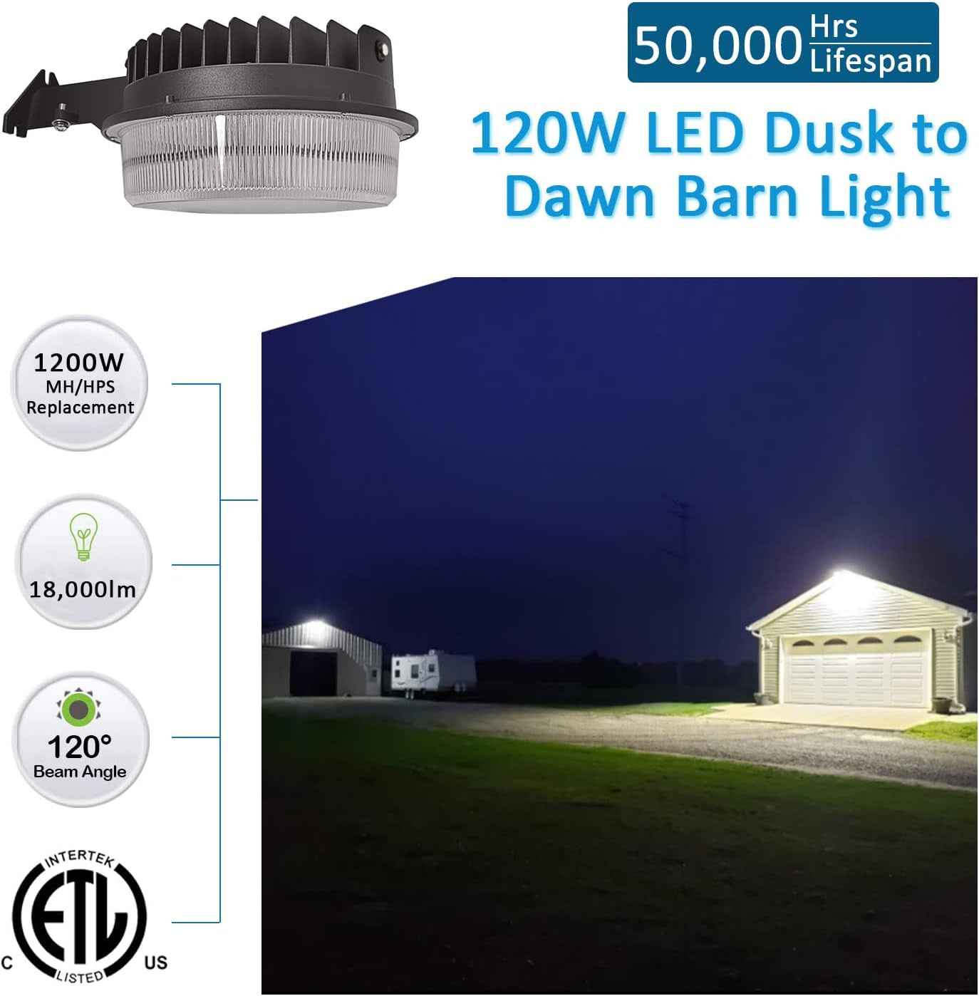 120W LED Barn Light - 18000Lm Dusk to Dawn Outdoor Lighting with Photocell, 5000K Daylight, 1200W MH/HPS Replacement, ETL&DLC Listed Waterproof Security Area Light - GG store