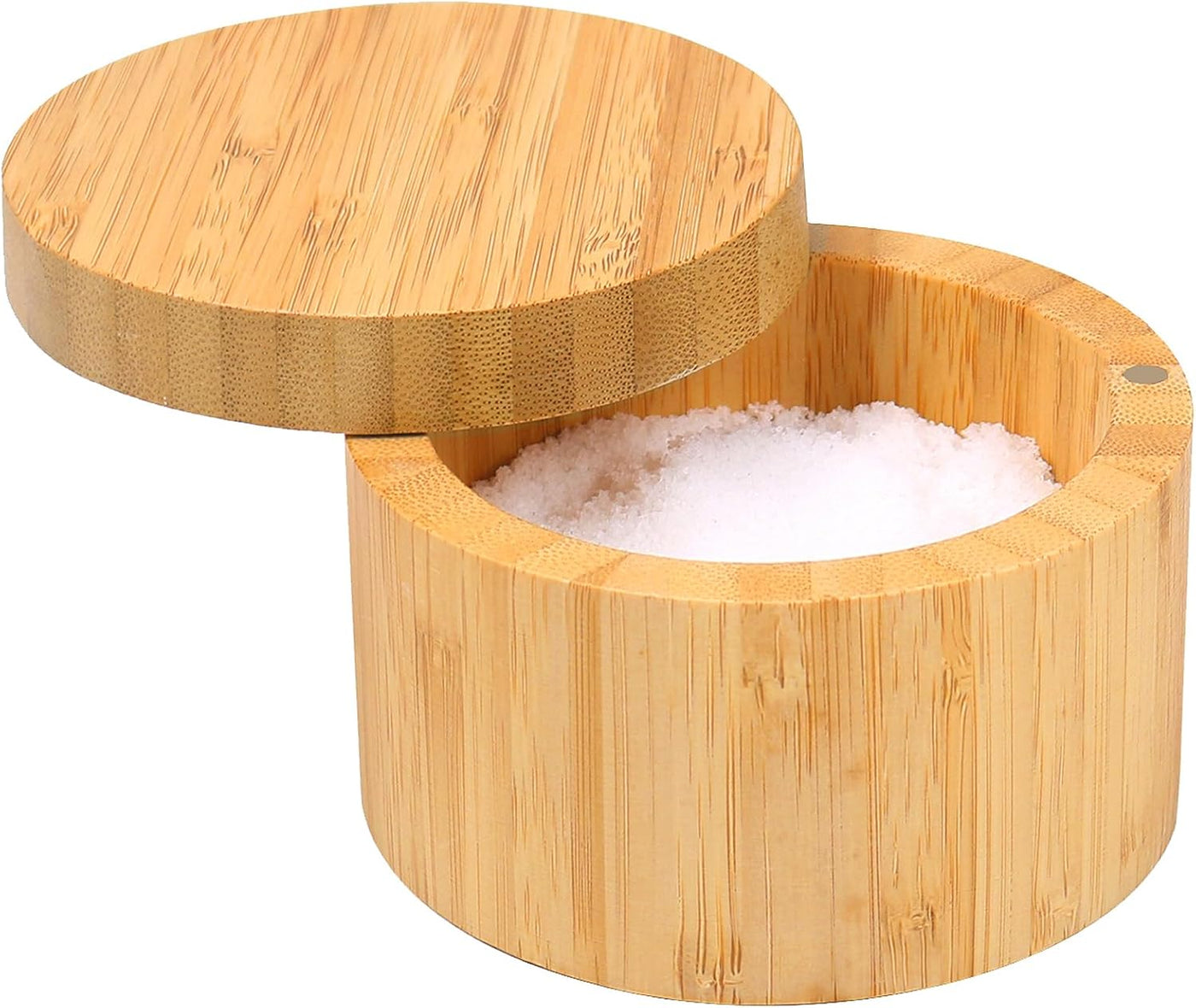 Elegant Bamboo Salt Box with Magnetic Swivel Lid - 8.5oz Round Spice Container for Secure and Durable Seasoning Storage and Organization