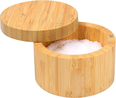 Elegant Bamboo Salt Box with Magnetic Swivel Lid - 8.5oz Round Spice Container for Secure and Durable Seasoning Storage and Organization