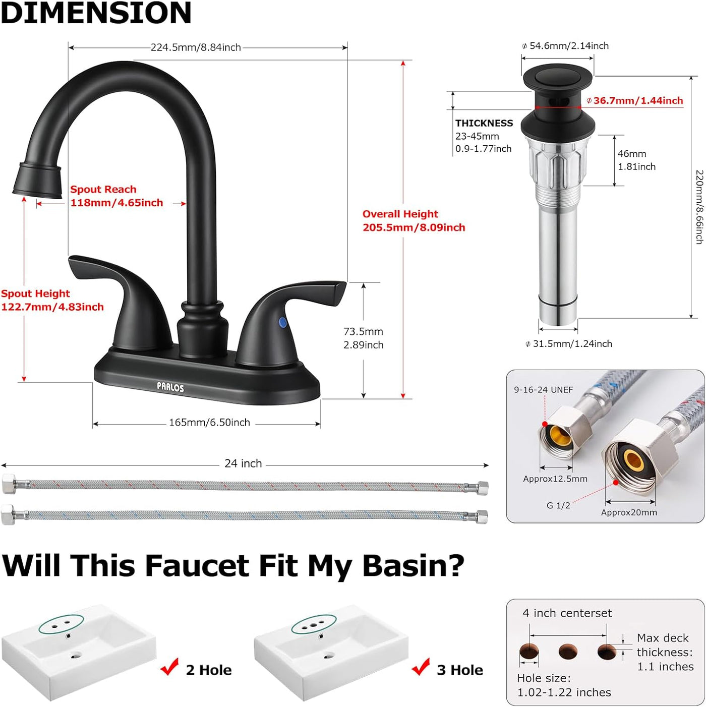 2-Handle Bathroom Faucet with Metal Drain Assembly & Supply Lines NSF Cupc Certified, Matte Black, 1359104 - GG store