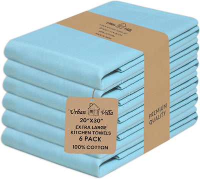 Premium Aqua 100% Cotton Dish Towels - Extra Absorbent Kitchen Cloths (Set of 6, 20x30 Inches) with Convenient Hanging Loop for Multi-Purpose Cleaning
