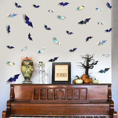 72 Pcs Iridescent 3D Bat Wall Decor for Halloween - Holographic Silver & Black Stickers for Spooky Home and Party Decorations