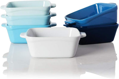 Elegant Blue Ceramic Souffle Dishes - Set of 6 Square Double Handle Ramekins for Baking Perfect Creme Brulee, Custard & Dipping - 10 OZ