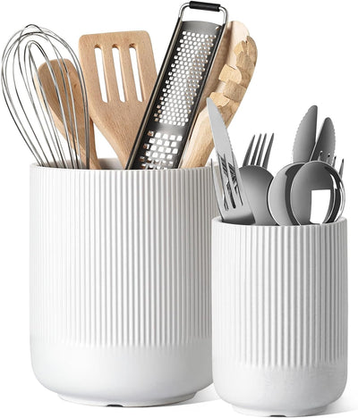 Stylish Ceramic Utensil Holder Set - 7.3" & 5.4" Kitchen Organizers for Spatula and Cooking Tools - Modern Countertop Decor in Elegant White