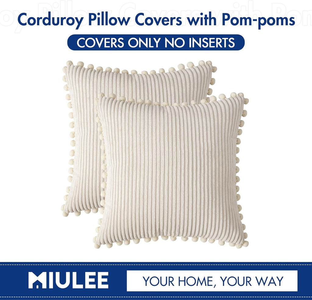 Boho Corduroy Throw Pillow Covers with Pom Poms – Soft Decorative Cushion Covers 18x18 Set of 2