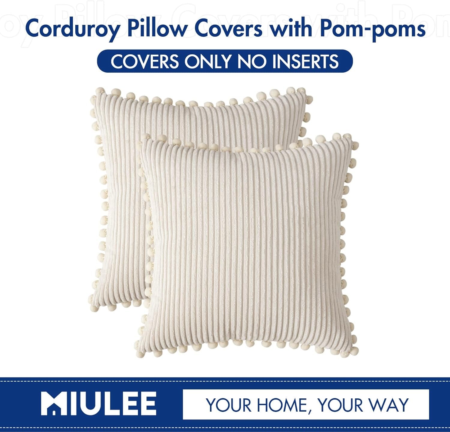 Boho Corduroy Throw Pillow Covers with Pom Poms – Soft Decorative Cushion Covers 18x18 Set of 2