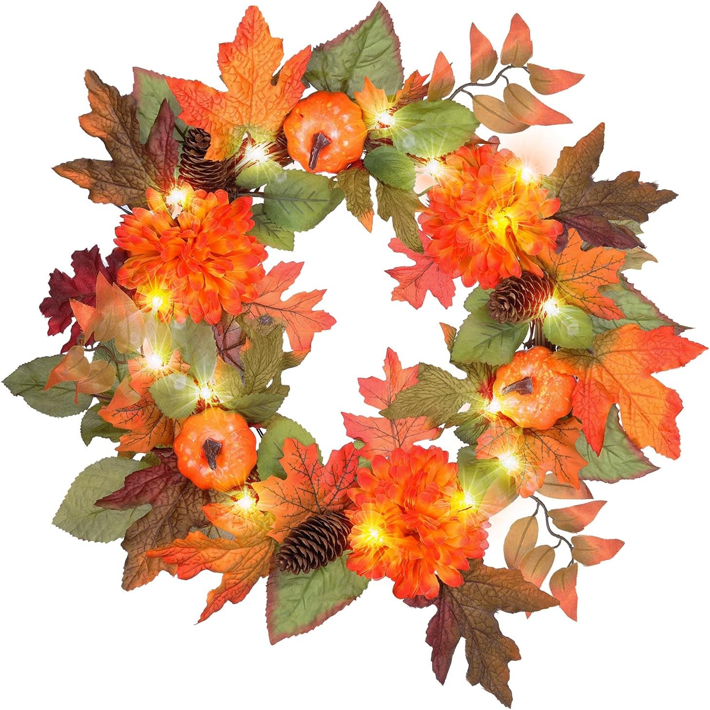 20” Pre-Lit Autumn Fall Door Wreath with Timer – LED Seasonal Front Door Decoration Default Title