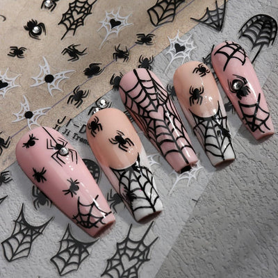 Spook-tacular 3D Halloween Nail Art Stickers - Set of 3 with Rhinestones: Spider Web, Skull & Ghost Designs for Glamorous Manicure Decor!