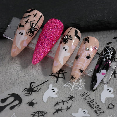 Spook-tacular 3D Halloween Nail Art Stickers - Set of 3 with Rhinestones: Spider Web, Skull & Ghost Designs for Glamorous Manicure Decor!