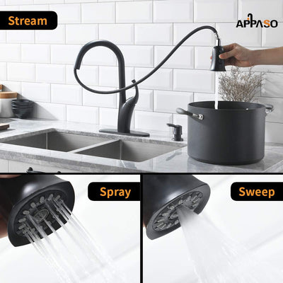 Sleek Matte Black Kitchen Faucet with Pull Down Sprayer and Soap Dispenser - One Handle High Arc Design