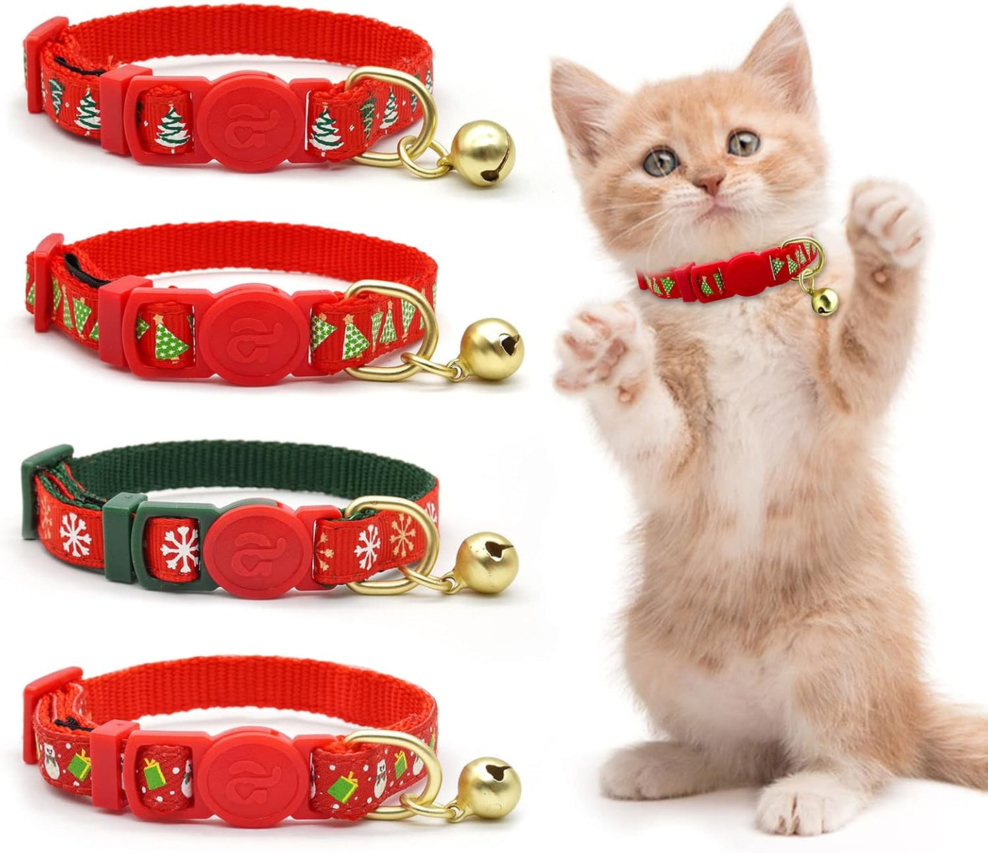 Festive 4-Pack Adjustable Breakaway Kitten Collars with Bells - Adorable Green Tree, Snowflake & Snowman Designs for Christmas and New Year