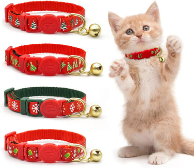 Festive 4-Pack Adjustable Breakaway Kitten Collars with Bells - Adorable Green Tree, Snowflake & Snowman Designs for Christmas and New Year