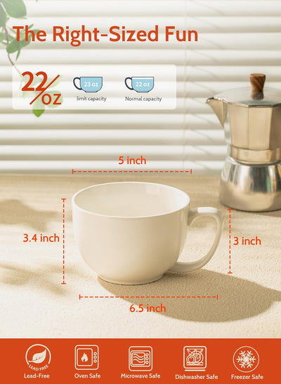 Set of 4 Large Porcelain 22Oz Coffee Mugs - Perfect for Soup, Tea, Hot Chocolate - Microwave Safe & Stylish White Design