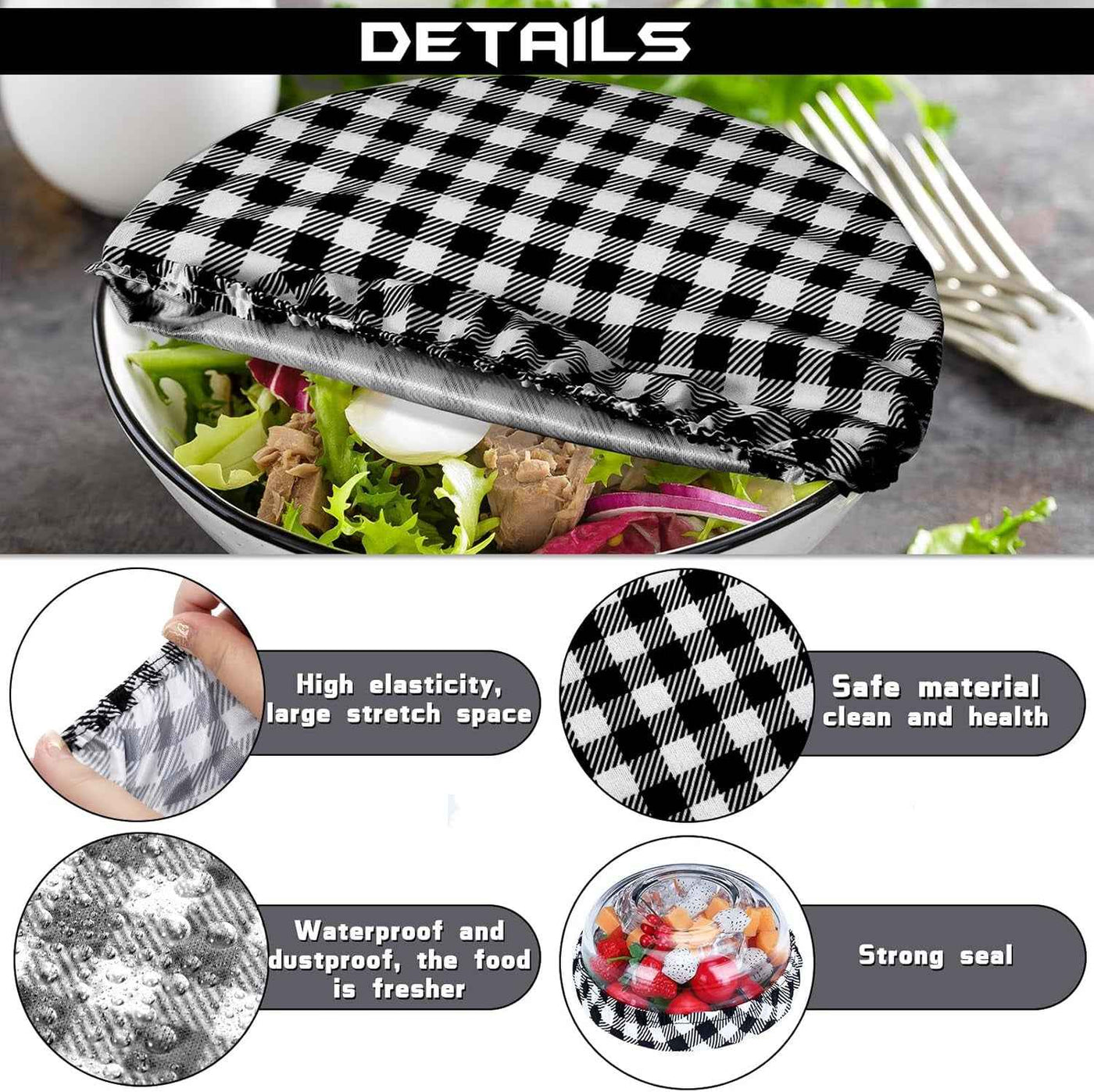8 Pieces Reusable Bowl Covers Baking Dish Covers Elastic Food Storage Covers Washable Bowl Covers for Bread Proofing, Outdoor Food Storage, 6, 8, 12, 14 Inch (Black-White Buffalo Plaid) - GG store