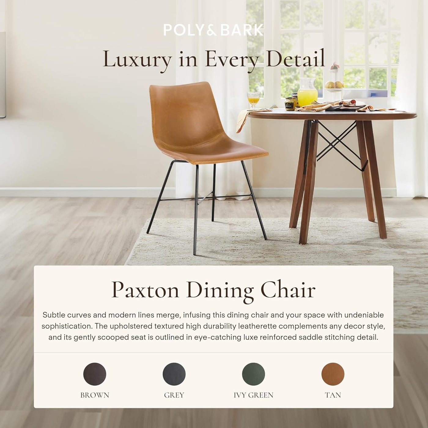 Stylish Paxton Tan Leather Dining Chairs - Set of 2 Modern Low Back Essentials with Comfortable Faux Leather Upholstery and Sleek Matte Black Steel Base