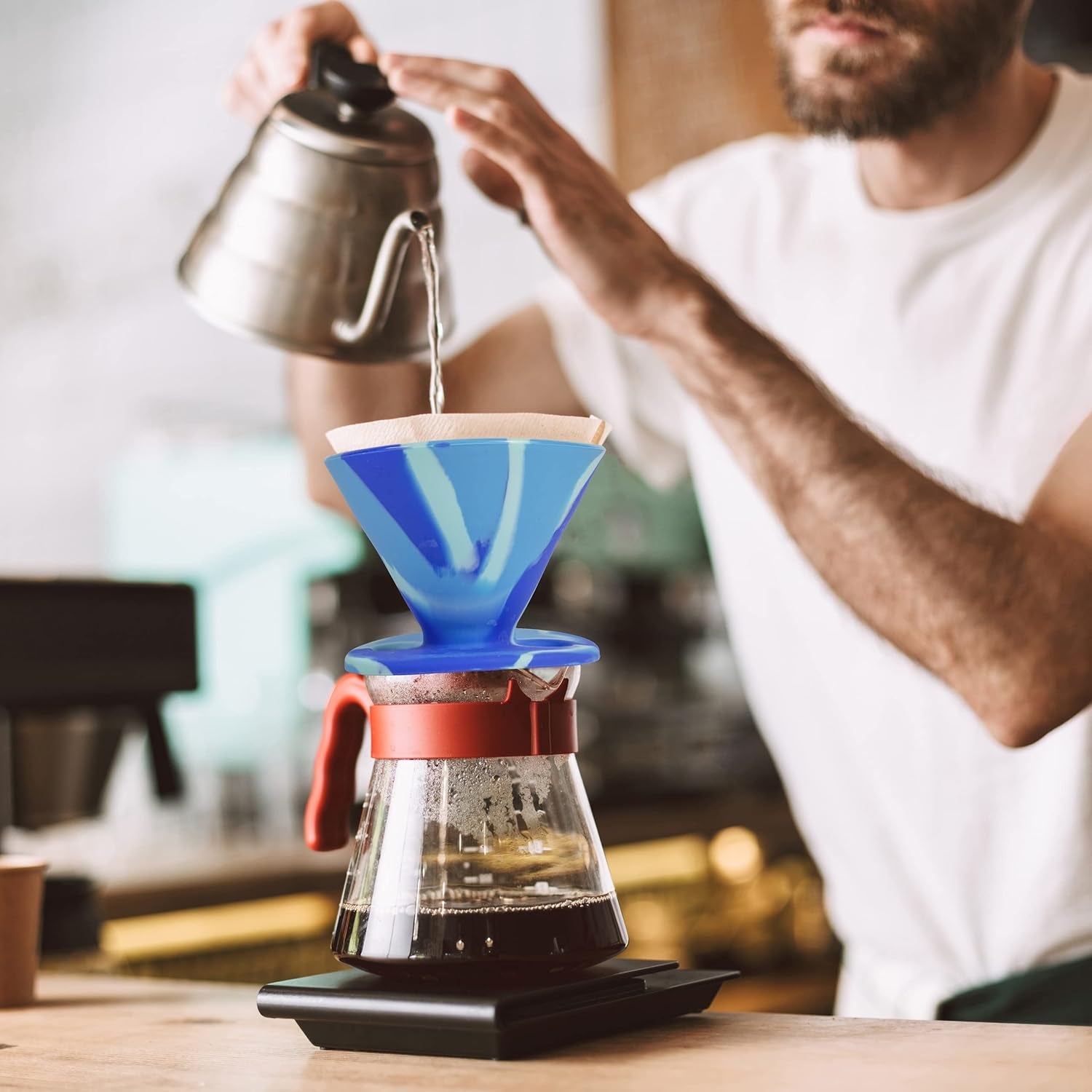 the Original Javaflex Premium Foldable Silicone Pour over Coffee Maker and Storage Pouch. Uses #2 V60 Cone Coffee Filters