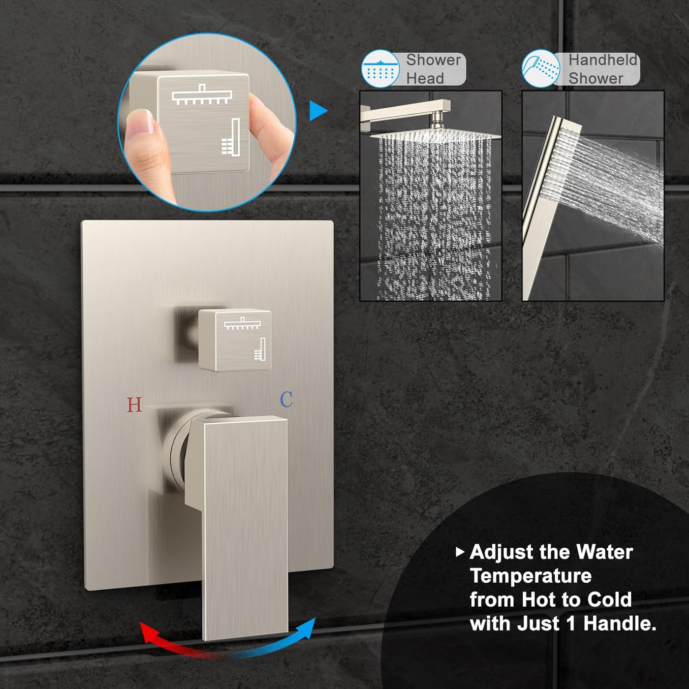 Rain Shower System Sets Faucet:  10 Inch Overhead Rainhead Shower Combo Set with Handheld and Valve-Luxury Modern Mixer Rainfall Brushed Nickel Shower Faucets Sets Complete - GG store